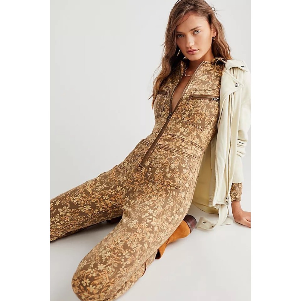 Free People Lennox Printed Jumpsuit Womens L Utility Western Floral Botanical